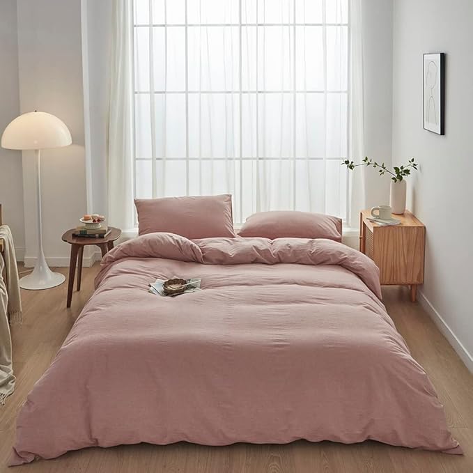FACE TWO FACE Bedding Duvet Cover Set100% Washed Cotton Duvet Cover Linen Like Textured Breathable Durable Soft Comfy (California King, Old Pink)