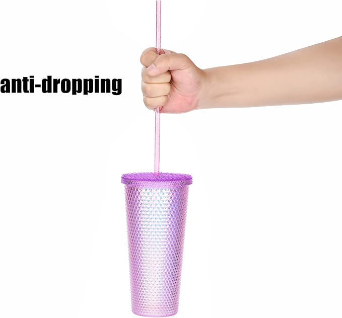ALINK 12PCS Reusable Clear Pink Glitter Straws, 11" Long Hard Plastic Tumbler Drinking Straws with Cleaning Brush