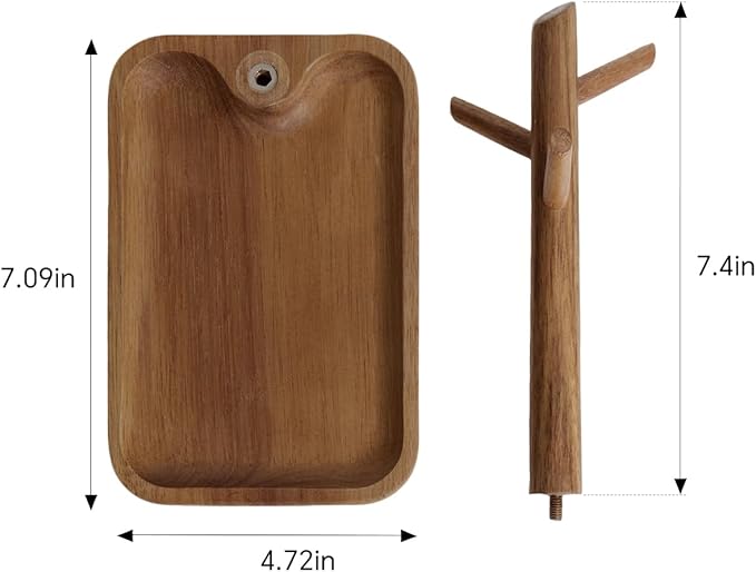 Solid Acacia Wood Key Tray and Bowl for Entryway Table - Jewelry Tray With 3 Hooks, Open Storage for Wallet, Glasses, Watches, Lipstick (Acacia, small)