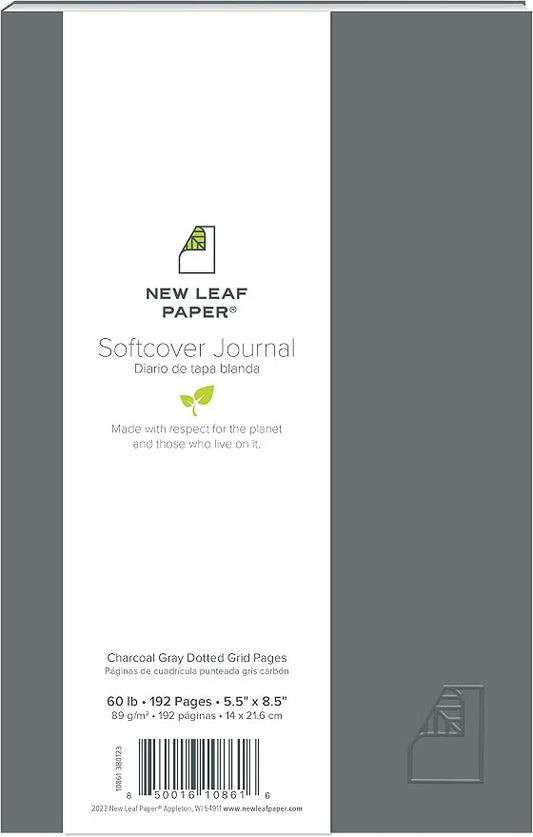 100% Recycled Softcover Dotted Grid Journal, Charcoal Gray, 8.5" x 5.5", 192 Pages, Embossed, Perfect Bound, FSC Certified, Made in USA
