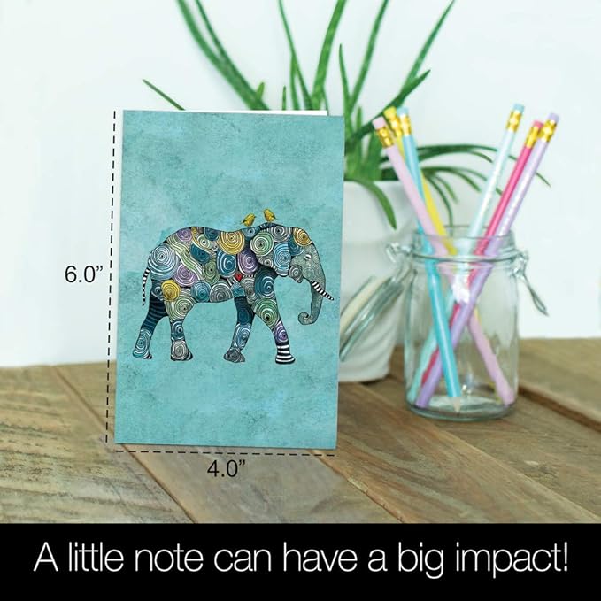 Tree-Free Greetings - All Occasion Cards - Artful Designs - 12 Greeting Cards + White Envelopes - Made in USA - 100% Recycled Paper - 4 x 6 - Elephant and Yellow Birds (AFS1037)