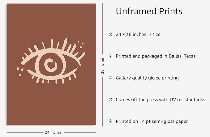 Y2K BOO Mystical Evil Eye UNFRAMED Wall Art Nazar Protection Symbol Earth Tones Terracotta Mid Century Modern 24x36 Inch Heavyweight Paper Boho Spiritual Decor