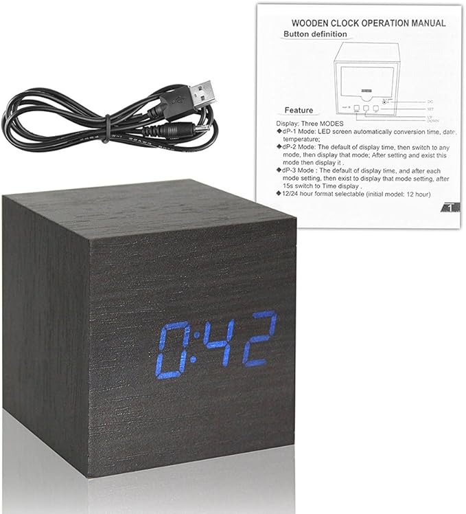 Onerbuy Wooden Digital Cube Alarm Clock Touch Sound Activated Desk Clock Portable Travel Clock with LCD Display for Time, Temperature, Calendar, 3 Alarm Settings (Black)