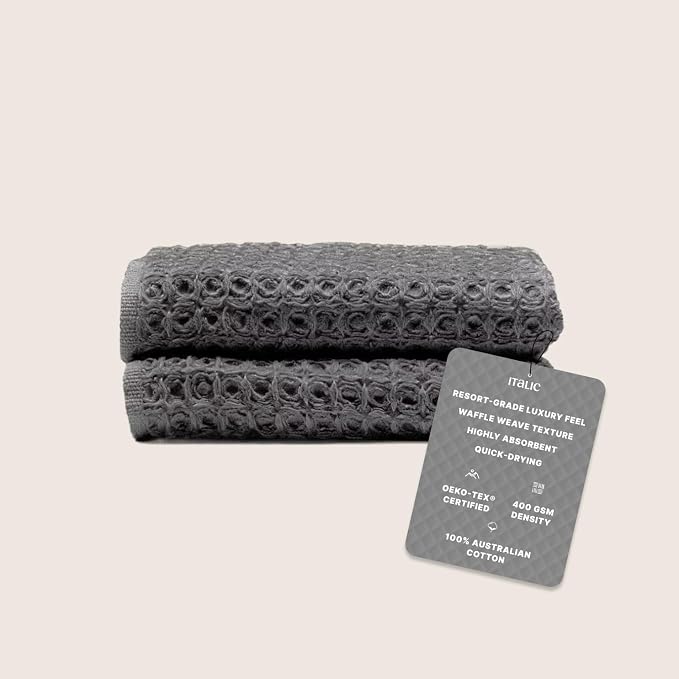 Italic Sedona Waffle Hand Towels – 410 GSM 100% Cotton, Set of 2, Lightweight, Quick-Drying & Textured Towels (Charcoal)