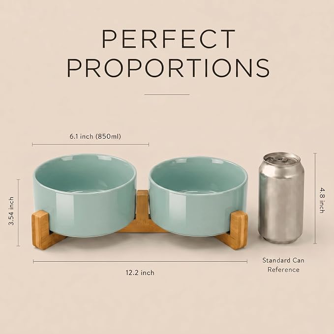 SPUNKYJUNKY Ceramic Dog and Cat Bowl Set with Wooden Stand, Modern Cute Weighted Food Water Set for Small Size Dogs (13.5OZ) & Medium Sized Dogs (28.7OZ) & Cats (3.6 Cups, 2 × Morandi Green)