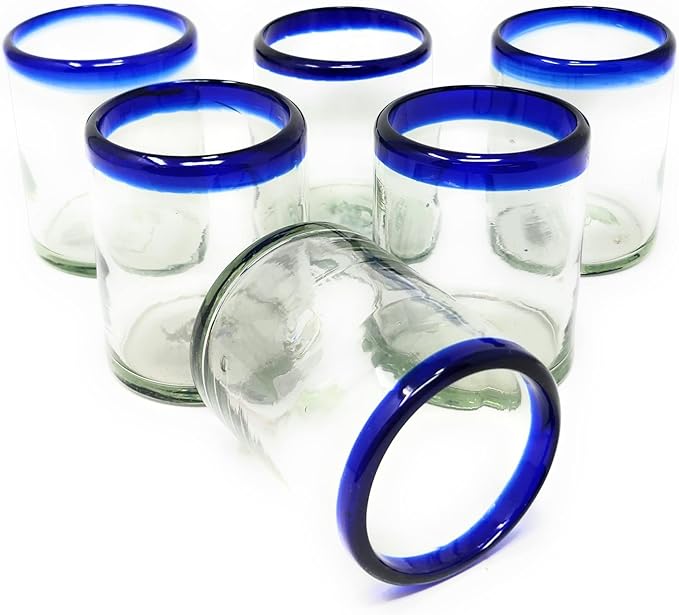 Hand Blown Mexican Drinking Glasses - Set of 6 Tumbler Glasses with Cobalt Blue Rims (10 oz each)