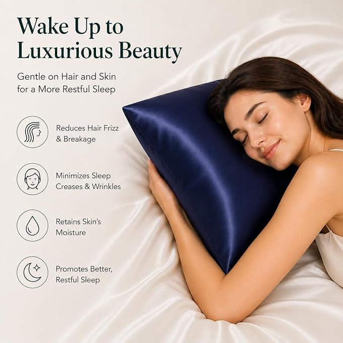 Oeko-TEX Certified Navy Silk Pillow Cases Queen Made in USA, 22 Momme, 100% Natural Mulberry Silk Pillowcase for Women Hair and Skin, Organic (Navy Blue, Queen)
