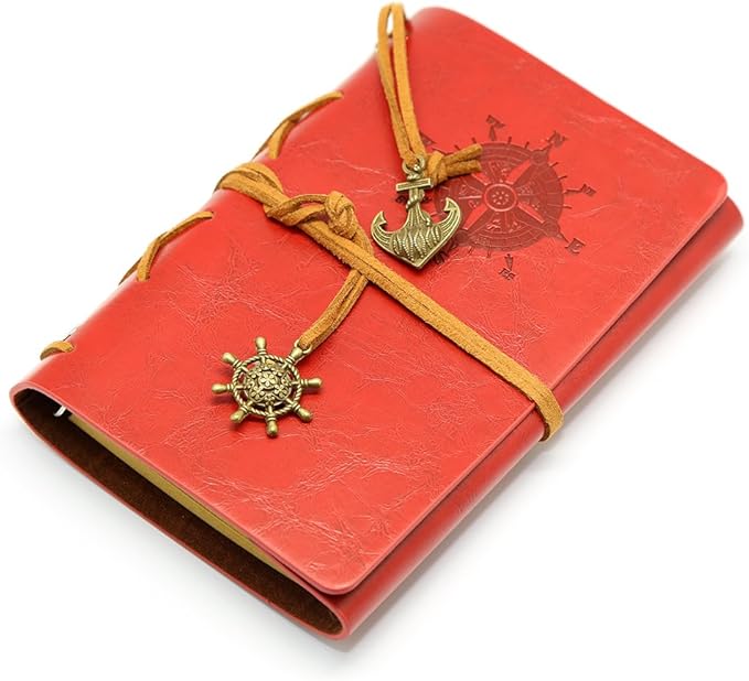 EvZ Retro Red Leather Journal - 5" Refillable Vintage Nautical Notebook with Anchor & Rudder Pendants - Small Spiral Blank Sketchbook for Travel, Poetry & Gratitude - Classic Embossed Diary, Wine Red
