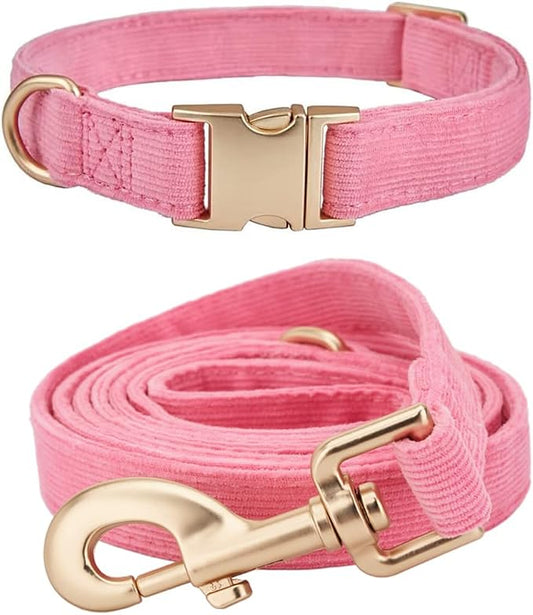 Soft Corduroy Dog Collar and Leash Set Adjustable Durable Dog Collars with Metal Buckle and Lead for Female Medium Dogs,Hot Pink