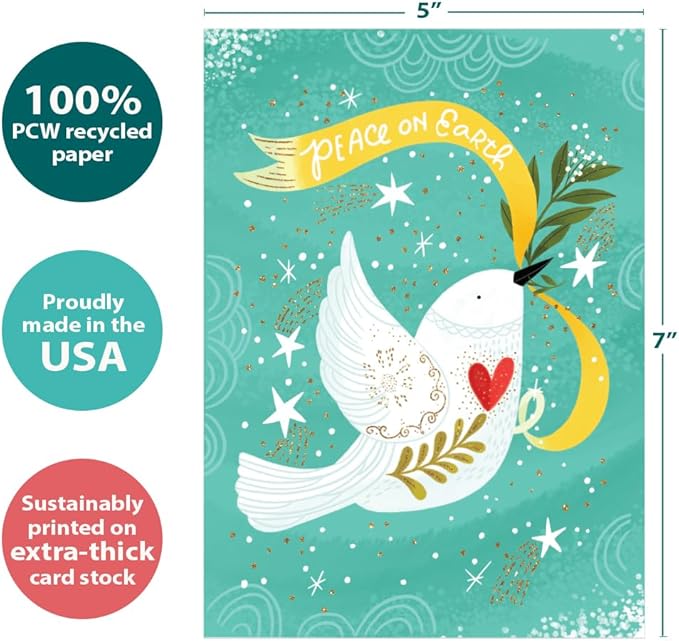 Tree-Free Greetings Holiday Card with Matching Envelope, Eco Friendly, Made in USA, 100% Recycled Paper, 5 x 7, Peace Dove (GO65738)