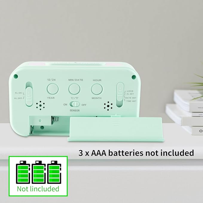 Digital Alarm Clock with Indoor Temperature, Large LED Display, 12/24H, Snooze Mode, Battery Operated Bedside Clock for Bedroom, Heavy Sleepers & Kids,Green