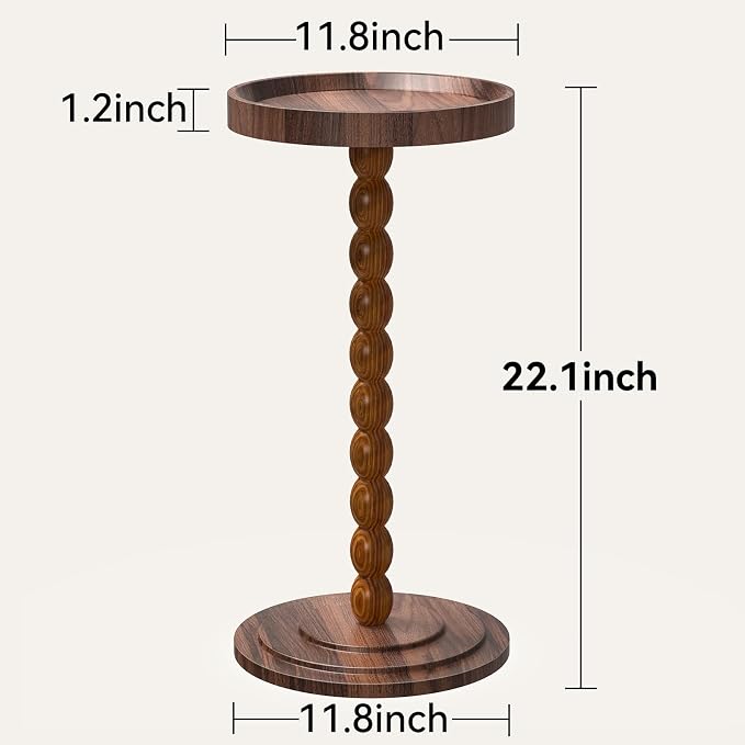 XNSDXV Round Side Table with Solid Wood Leg, Small Drink Table for Small Spaces, Martini Table with Raised Edge, Pedestal Side Table for Living Room, Bedroom,Sofa and Couch (Walnut Brown)