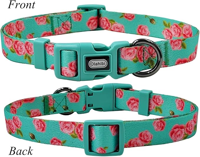 Dog Collar Leash Set, Floral Pattern, Polyester Material, Adjustable Collar and 5ft Matching Leash, for Puppy Dogs.(XS, Green Rose)