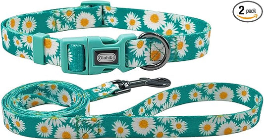 Dog Collar and Leash Set, Cute Daisy Pattern, Polyester Material, 5ft Leash, for Medium Dogs.(Medium,Green Daisy)