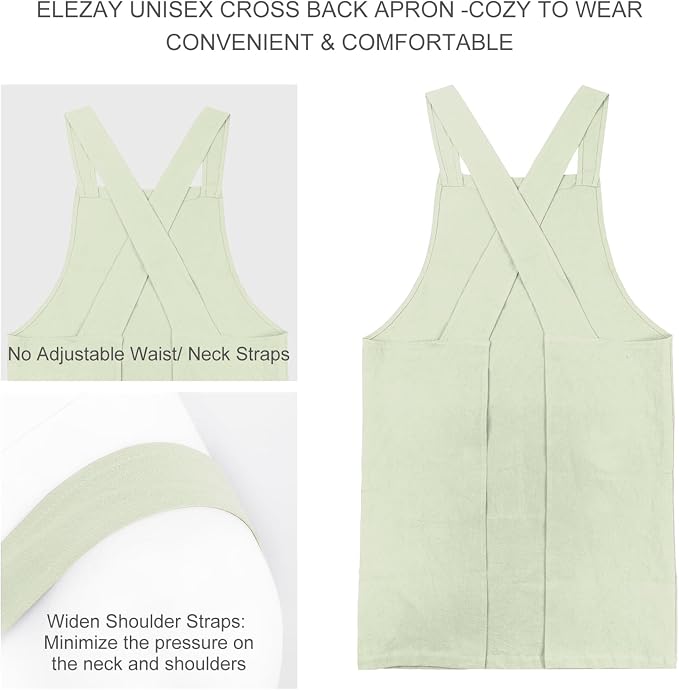 ELEZAY Aprons for Women with Pockets Plus Size Comfort Cross Back No Tie Cotton Linen Apron Pinafore