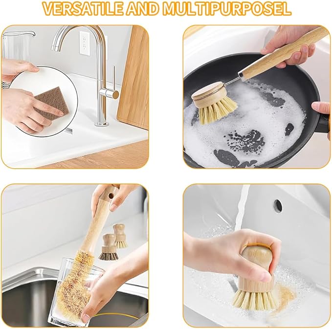 Natural Bamboo Dish Brush 6-Piece Kitchen Cleaning Set with Sisal, Palm Fiber, and Coconut Coir Brush Heads - Multi-Purpose Utensil and Pot Scrubber
