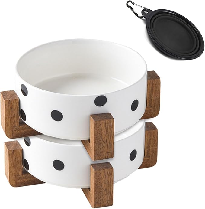 Petygooing Ceramic Dog Bowl Set with Stand, Small Pet Bowls, Anti-Slip Cat & Dog Food and Water Bowl Set (13.5OZ/5.1 in) Black Dot