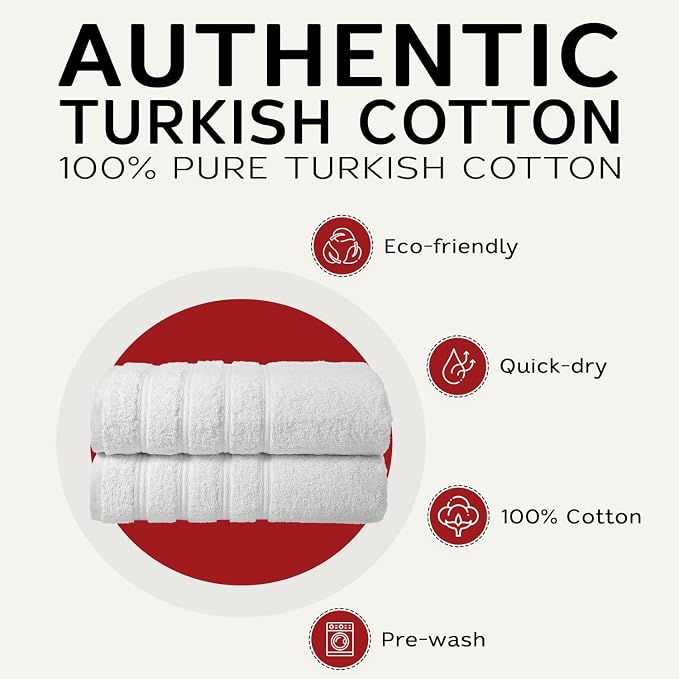Briarwood Home Medley Bath Towels 2-Pack 27"x54", Soft, Quick-Dry, Super Absorbent, 100% Organic Cotton, Dobby Ribbed Border, Lightweight, Lint-Free, Fade-Resistant Bath, Gym, Spa - White