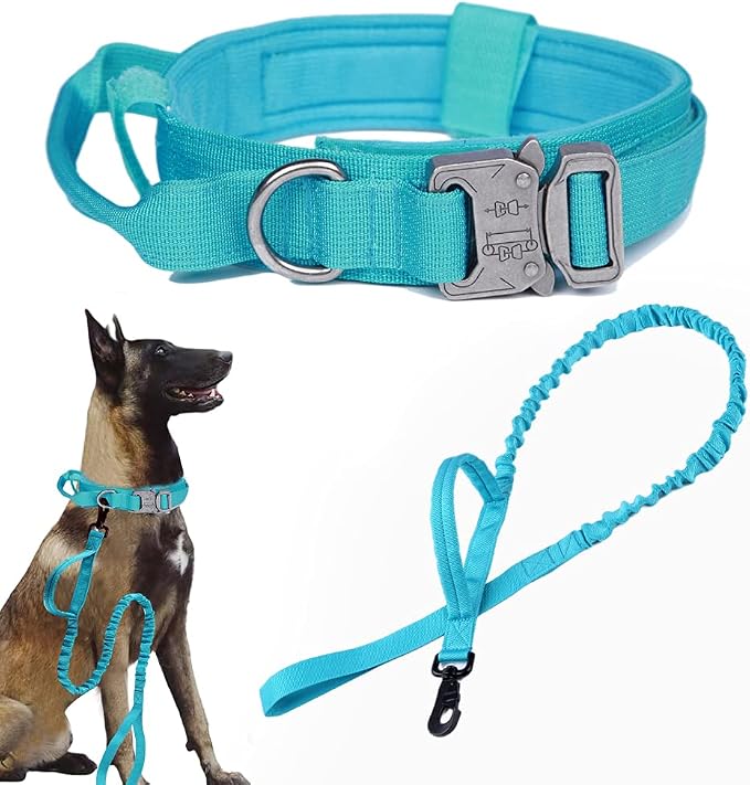 Tactical Dog Collar and Leash Set Adjustable Military Nylon Dog Collar with Control Handle and Heavy Duty Metal Buckle for Large Dogs（Blue XXL