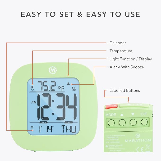MARATHON Compact Alarm Clock with Temperature and Date (Pistachio Green)