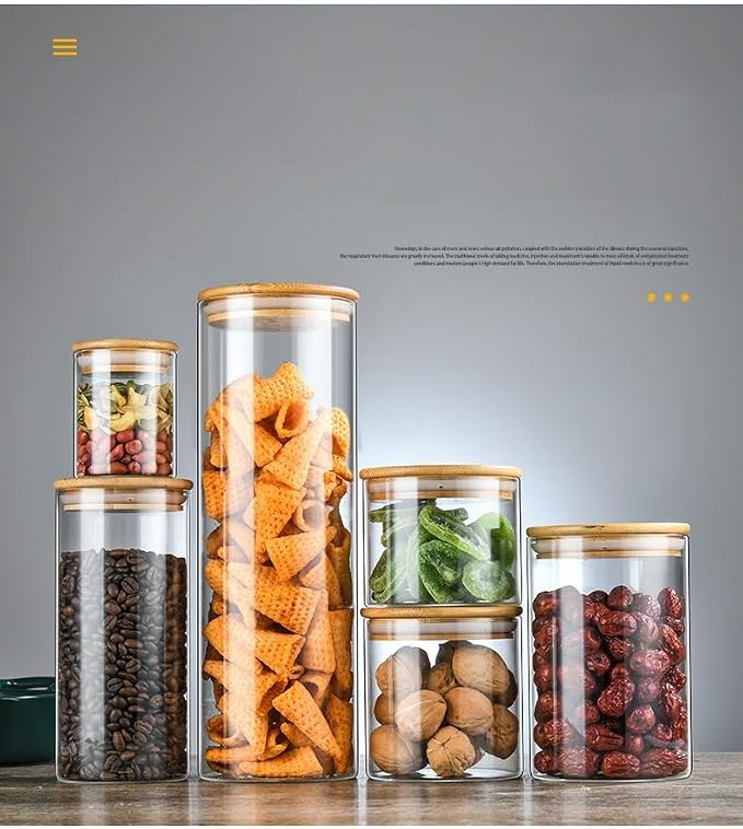 3-Piece sealed food storage containers, borosilicate glass jars with bamboo and wood lids, 2.6 to 4-inch diameter pantry jars, various sizes 2.6x2.4in to 4x11.8in.