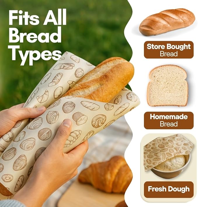 3 Pack Cotton Beeswax Bread Bags for Sourdough - 2XL Organic Reusable with Bees Wax Lining & Buckle Closure + 1 Beeswax Wrap, Wax Cloth Bread Bags & Freezer Safe, Eco-Friendly & Easy to Clean