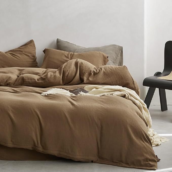 Muslin Duvet Cover Set 100% Cotton King Size,Double-Layer Linen Like Gauze Comforter Cover Brown 3 Pieces,Okeo-tex 100 Certified Duvet Cover 104"x90" with 2 Pillowcases for All Season