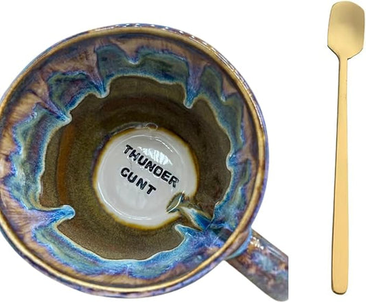 Jumbo Lightning Sweary Mug,Glaze Ceramic Mug,Handmade Pottery Coffee Mugs, Engraved Sarcastic Quote - Gift for Friends and Coworkers,Comes with a fine coffee spoon (THUNDER CUNT)