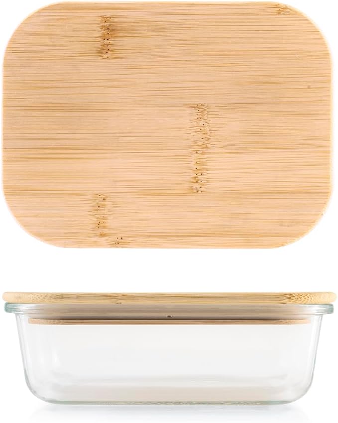H&H Rectangular Glass Container with Bamboo Lid – 630 ml, 17.5 x 13 cm – Airtight, Dishwasher Safe, Oven and Microwave Use (without Lid)