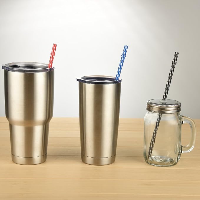 Dakoufish 12 Piece 9 Inch Reusable Plastic Thick Drinking Straws BPA Free Mason Jar Straws transparent small Stripe 6 Colors (9inch White)