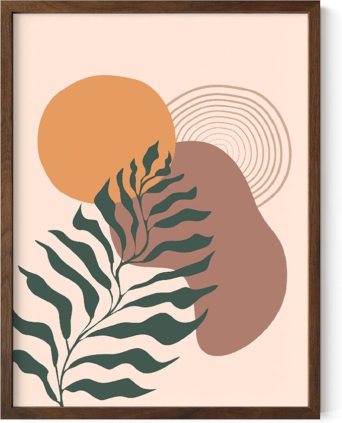 Boho Monstera Leaf Wall Art Abstract Sun Earth Tones Terracotta Mid Century Modern 12x16 Inch Oak Wood Walnut Framed Minimalist Botanical Print for Living Room Office