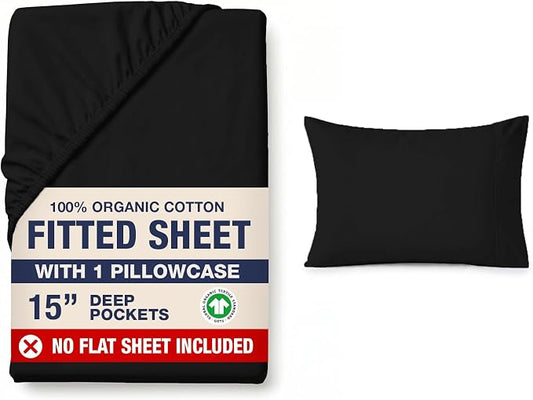LANE LINEN 100% Organic Cotton Twin XL Fitted Sheet & Pillowcase - Soft & Breathable Percale Weave Set for Naturally Cooling Behaviour - 15''Deep Pocket for Snug Fit - GOTS Certified - Black