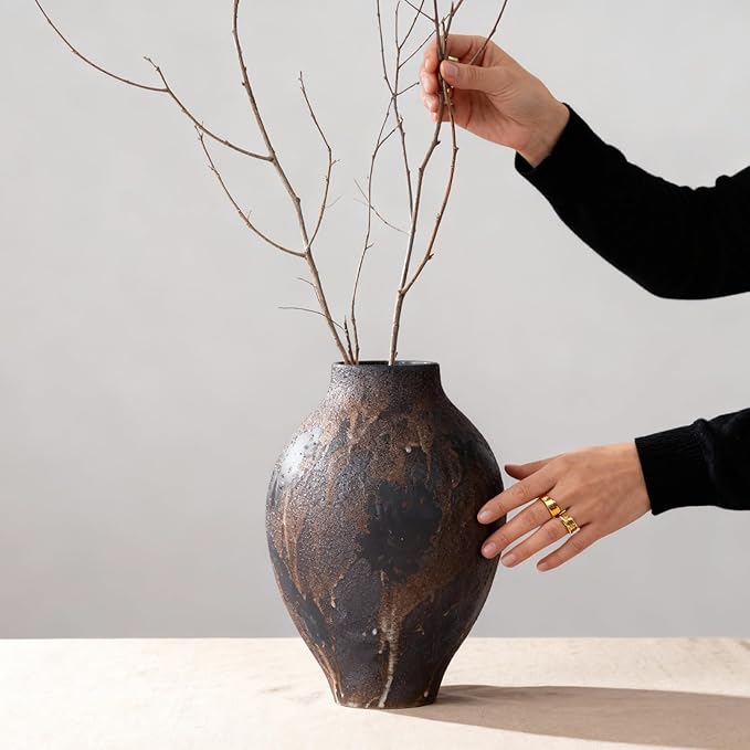 Wabi Sabi Vase 11.8in, Brown Ceramic Vase with Waterproof Coating, Rustic Ceramic Vase Large for Table Centerpiece, Entryway Shelf Decor, Rustic Farmhouse Pottery Vase