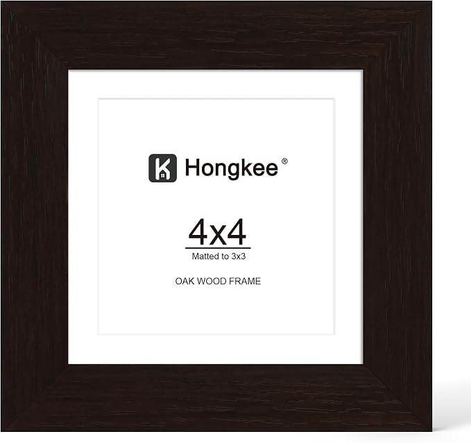 Hongkee 4x4 Oak Wood Picture Frame 1 Pack(Matted 3x3) with Real Glass Cover | Black, 4 x 4 Solid Wood Frame for Wall or Tabletop Display - Includes Easel Back, Vertical Hang - Ideal for Home, Office