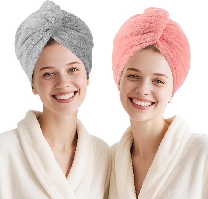 Microfiber Hair Drying Towel Wrap for Women, Hair Turbans Towel for Wet Hair,turbie Twist Hair Towels(The Color of the Picture is for Reference only) (Pink，Gray)