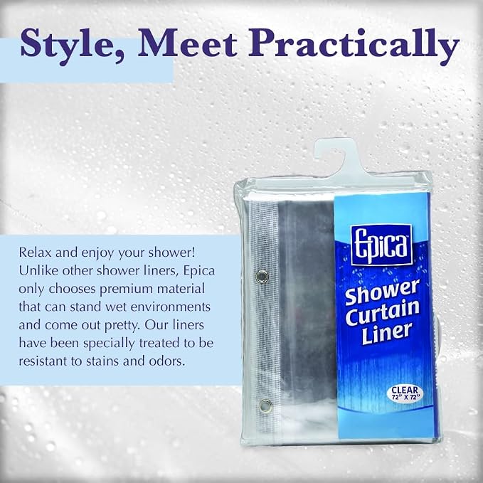 Epica Shower Curtain, Strongest Heavy-Duty Clear Vinyl 72"x72" Shower Curtain Liner, Waterproof Plastic Bathroom Curtains, Stain & Soap Scum Resistant with Rust-Proof Metal Grommets (Clear)