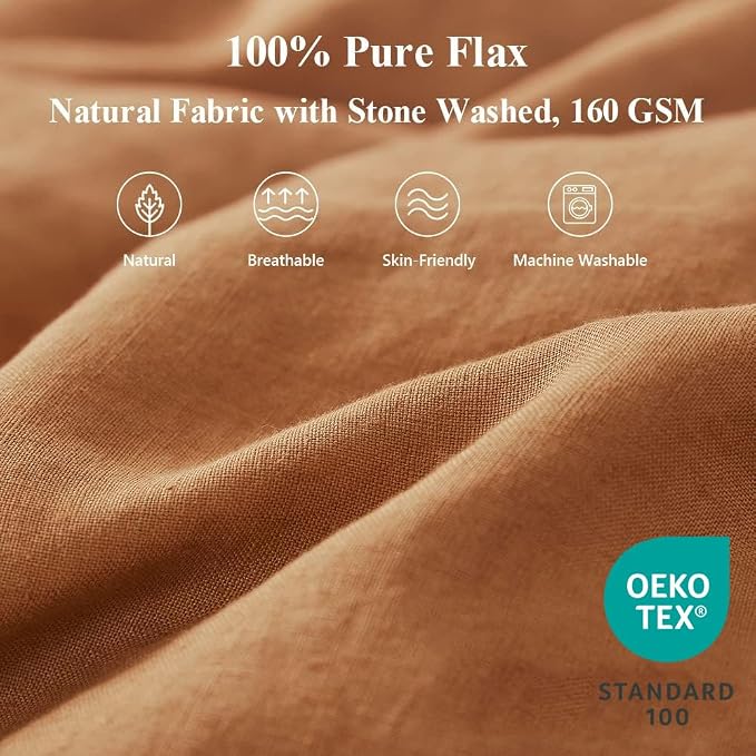 Simple&Opulence 100% Linen Duvet Cover Set 3pcs with Bowknot Ties Closure Natural French Washed Flax Solid Color Soft Breathable Farmhouse Bedding - Rust, Queen Size