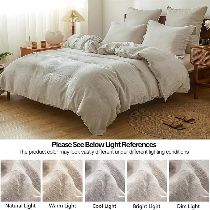 Simple&Opulence 100% Linen Duvet Cover Set 3pcs Basic Style Natural French Washed Flax Solid Color Soft Breathable Farmhouse Bedding with Button Closure - Linen, Full