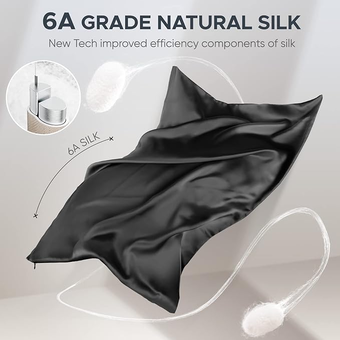 100% Pure Mulberry Silk Pillowcase for Hair and Skin - Allergen Resistant Dual Sides,600 Thread Count Silk Bed Pillow Cases with Hidden Zipper,1pc,King Size,Black