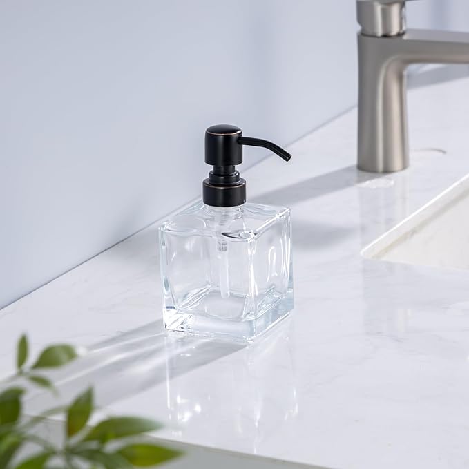 Hand Soap Dispenser Square with Oil Rubbed Bronze Pump, 8.4 oz Liquid Clear Glass Soap Dispenser with Stainless Steel Pump for Dish Soap Bathroom Kitchen Vanity Countertop
