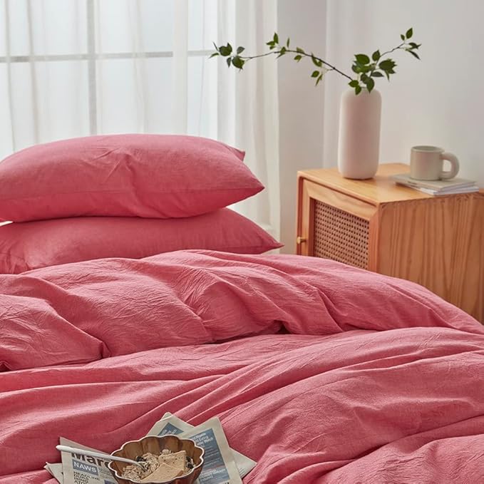 FACE TWO FACE Bedding Duvet Cover Set100% Washed Cotton Duvet Cover Linen Like Textured Breathable Durable Soft Comfy (King, Red)