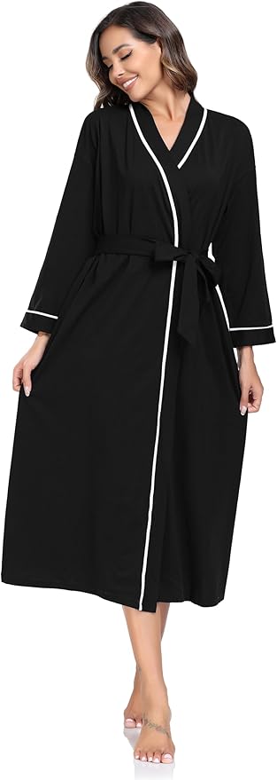 COLORFULLEAF 100% Cotton Women's Robes Summer Lightweight Kimono Soft Long Cotton Bathrobe for Women with Pockets