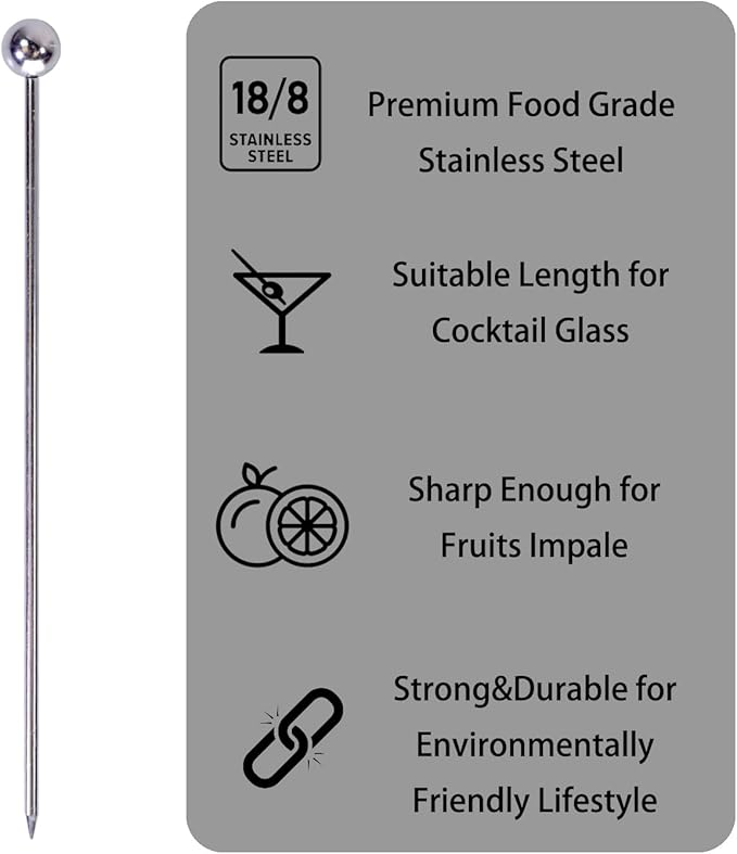 Lexenic Metal Cocktail Picks 12Pack+Holder Kit,Premium 304 Stainless Steel Reusable Appetizer Skewers Set for Sandwiches, BBQ Snacks, Cocktails. (4.3 inch)