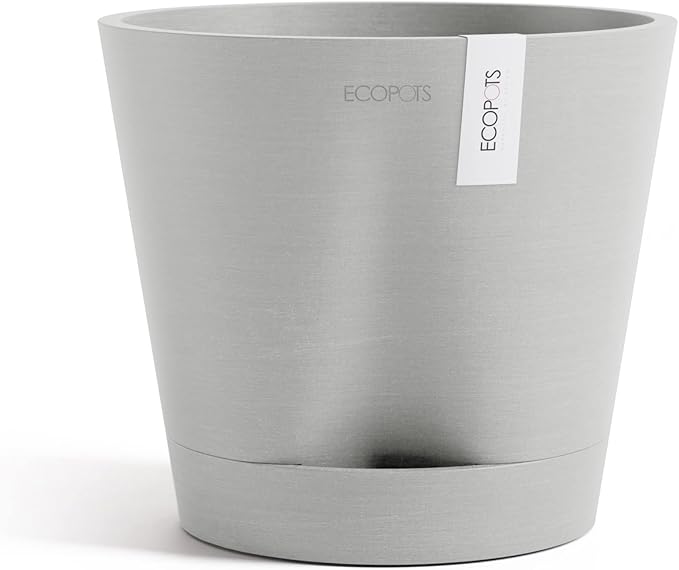 Ecopots Venice 2 Durable Modern Round Indoor/Outdoor Recycled-Based Composite Flower Pot Planter w/Water Reservoir, White Grey, 8"