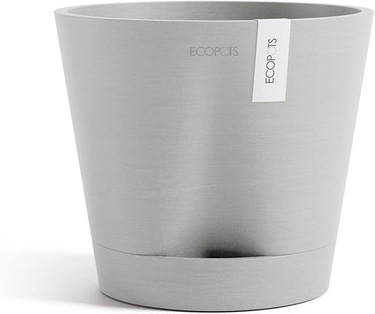 Ecopots Venice 2 Durable Modern Round Indoor/Outdoor Recycled-Based Composite Flower Pot Planter w/Water Reservoir, White Grey, 8"
