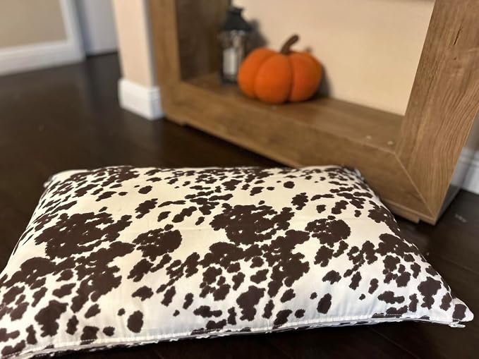 Natural Cotton Canvas Dog Bed – Raw Cotton Filled Pet Cushion Insert, Breathable Eco-Friendly Dog Mattress, Durable Washable Cover with Zipper (Cow Print Brown White, Large 48"x30"x5")