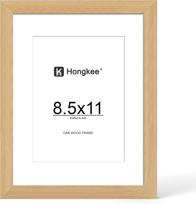 Hongkee 8.5x11 Oak Wood Picture Frame 1 Pack(Matted 6x8), Real Glass Cover | Natural, 8.5 x 11 Solid Wood Frame for Wall or Tabletop Display - Includes Easel Back, Vertical Hang - Ideal for Home,Office