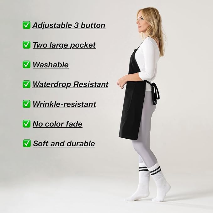 TOSHE Kitchen Apron Waterdrop Resistant Cotton Apron with adjustable Aprons for Women with Pockets 10 Color option Cooking Black Apron (Black)