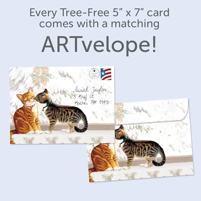Tree-Free Greetings Kitten Kiss Holiday Cards - 10 Recycled 5x7 Cards & Matching Envelopes, Thick Cardstock, Sustainably Made in USA - Sweet Loving Joy