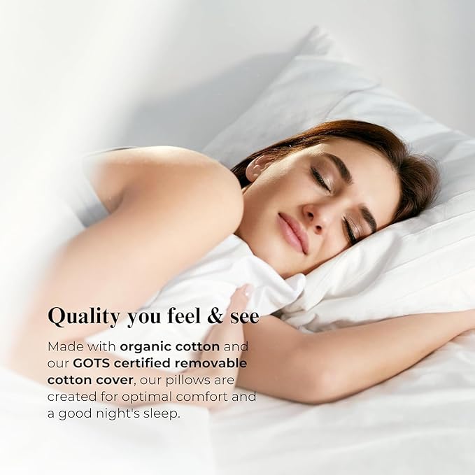 OrganicTextiles 100% Organic Cotton Pillows with Removable Organic Cotton Cover (King Size, 2-Pack), GOTS Certified, Neck Pain Relief Help, Head Support, for Side Back Stomach Sleeper